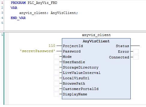 Beispiel zur Integration des AnyViz Cloud Adapter Funktionsbaustein in der Programmiersprache FUB