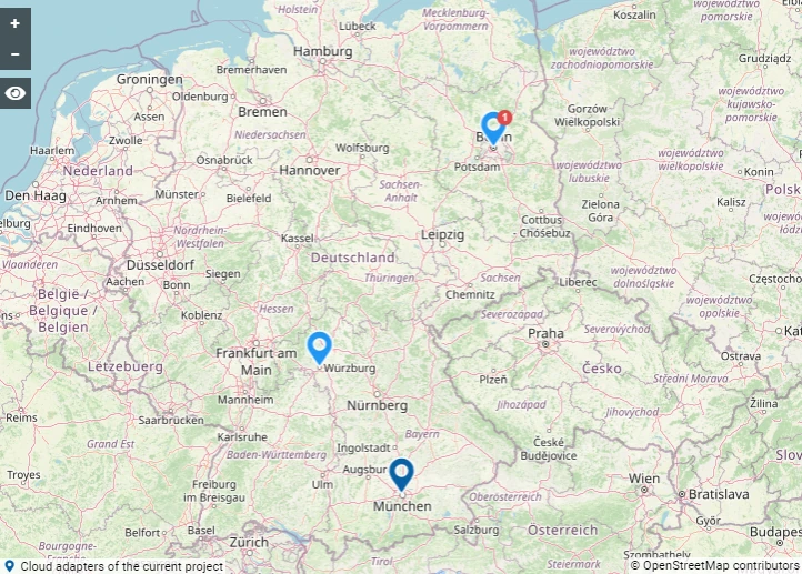 Kartendarstellung mit mehreren Standorten und Anzeige der aktiven Alarme der Cloud Adapter