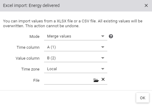 Dialog zum Import von Werten aus einer Excel- oder CSV-Datei mit Auswahl der Spalten und der Zeitzone