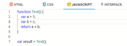 JavaScript CodeEditor mit einfachem Programmierfehler durch Zuweisung einer undefinierten Variable 'c'